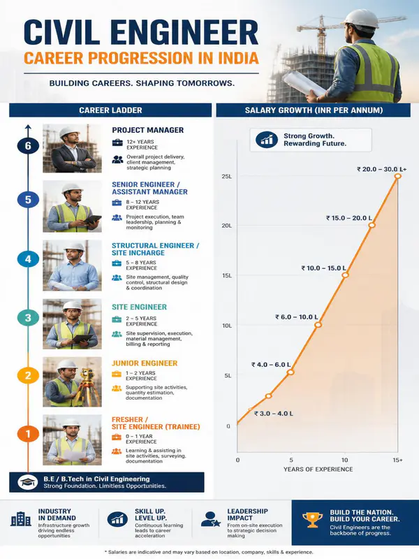 Civil Engineer salary growth from fresher to experienced engineer in India