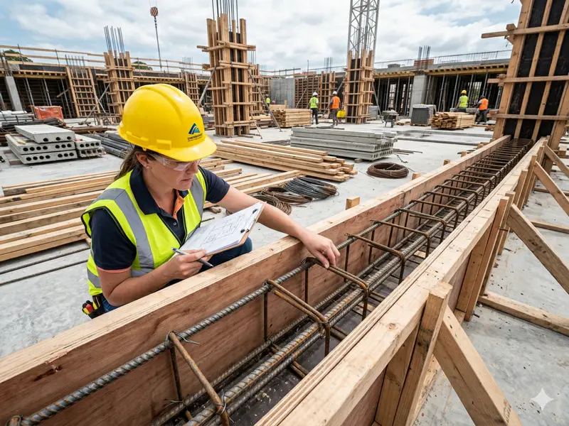 Civil engineer checking beam stirrup reinforcement on-site