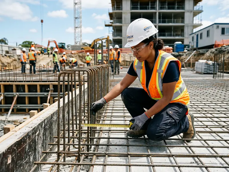 Civil engineer checking slab rebar spacing