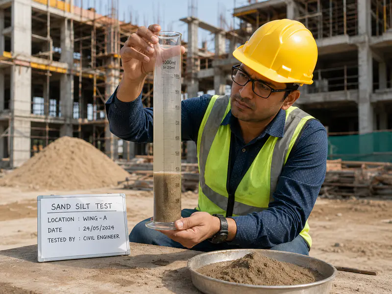 Civil engineer performing on-site quality control tests for sand