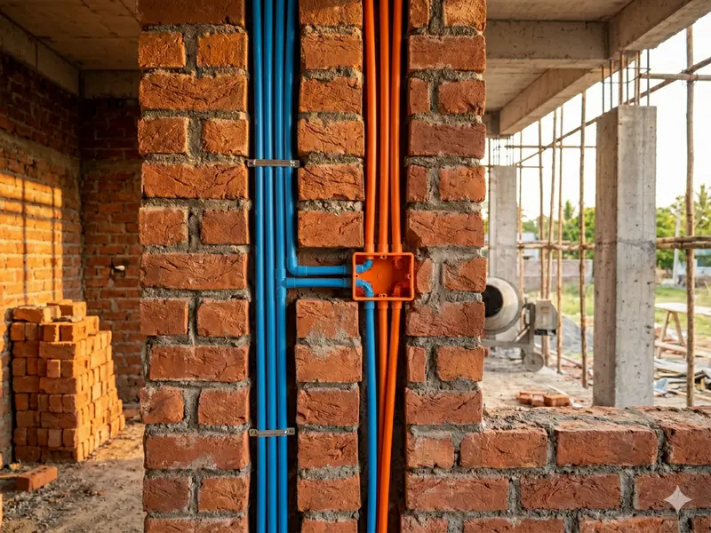 Concealed electrical conduit pipes in brick wall