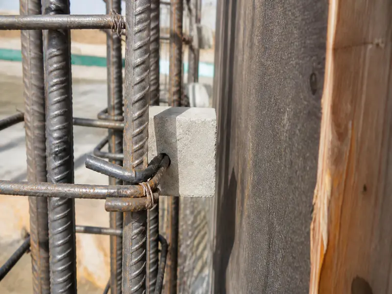 Concrete cover blocks attached to column structural steel rebars