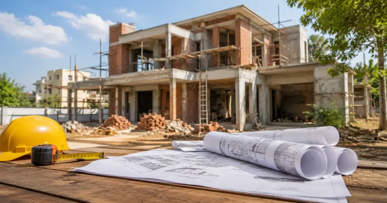 Construction cost per sq ft in India modern house building site