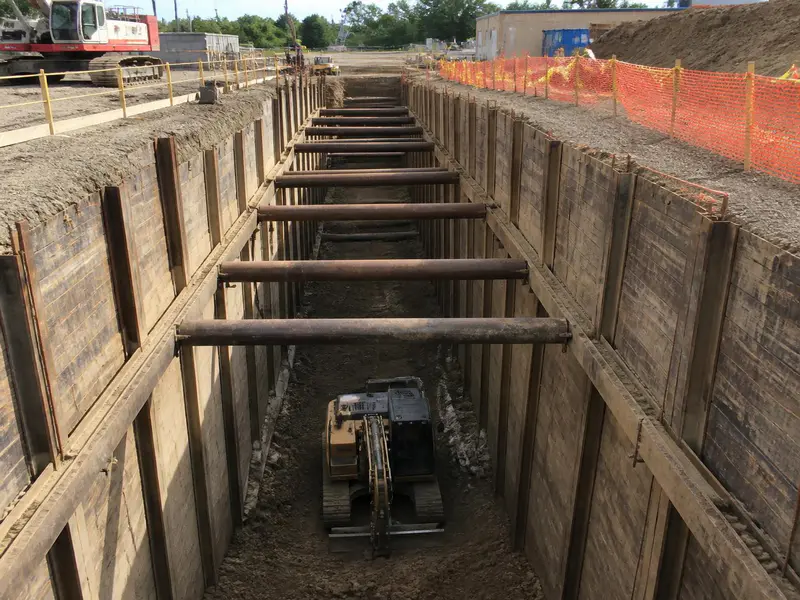 Excavation trench shoring safety setup to prevent cave ins