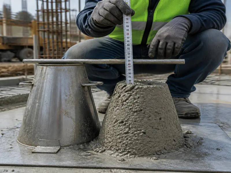 Fresh concrete slump test being performed on-site for quality check
