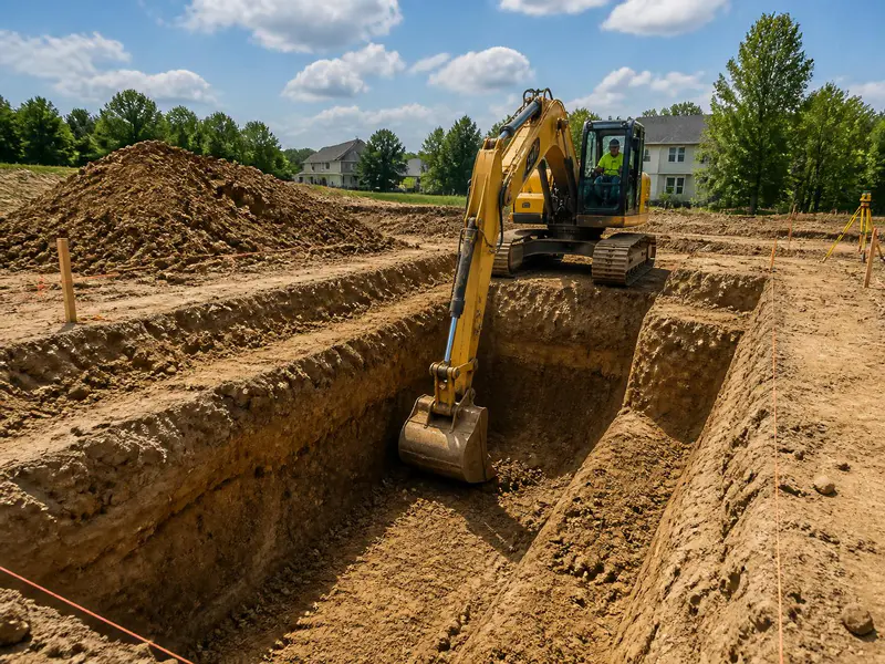 House foundation excavation and site preparation