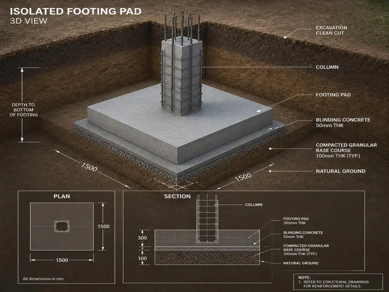Isolated footing excavation and concrete volume calculation