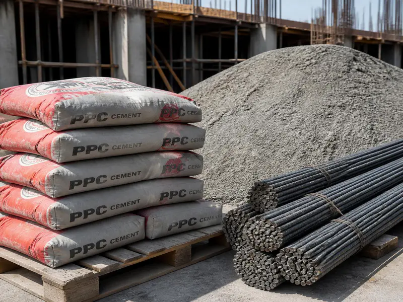 Low budget house construction materials cement steel and sand India
