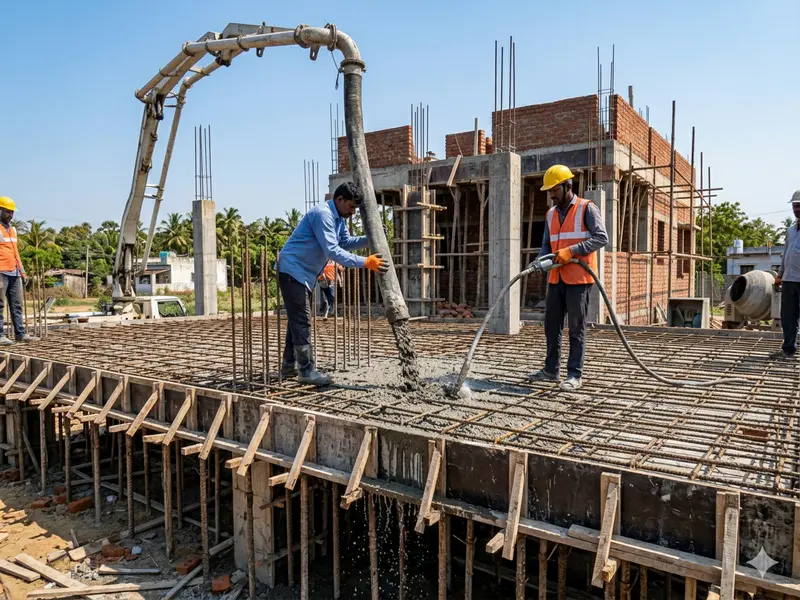 Pouring concrete mix over roof slab rebar grid
