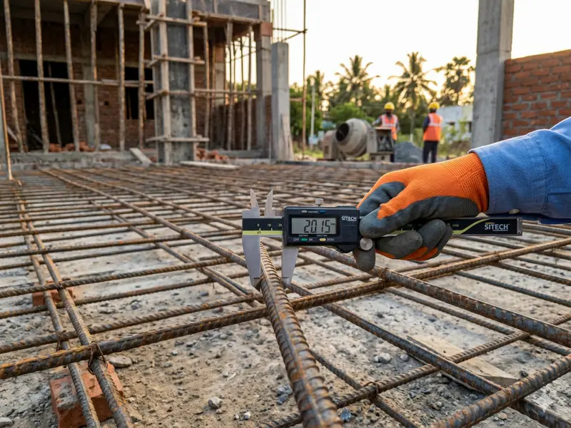 Quality inspection of rebar diameter and spacing before authorizing the concrete pour