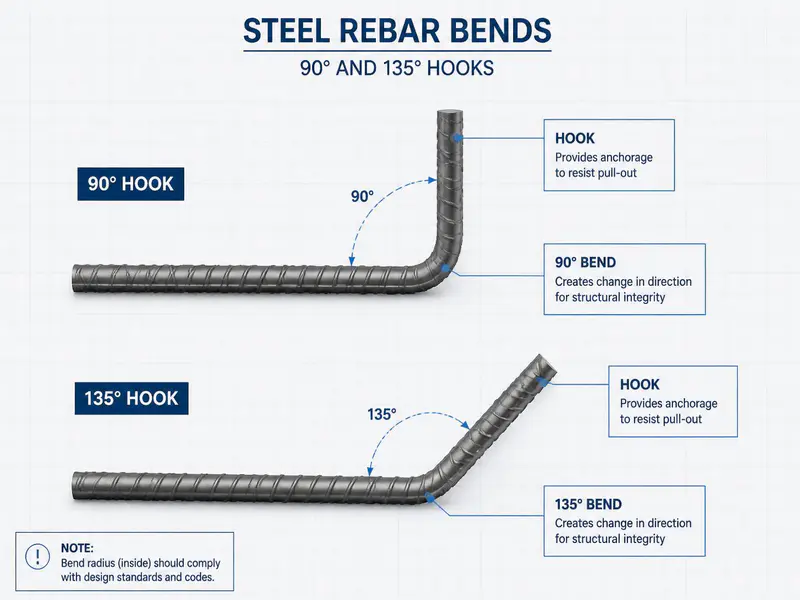 Rebar bending hooks and bend deductions calculation