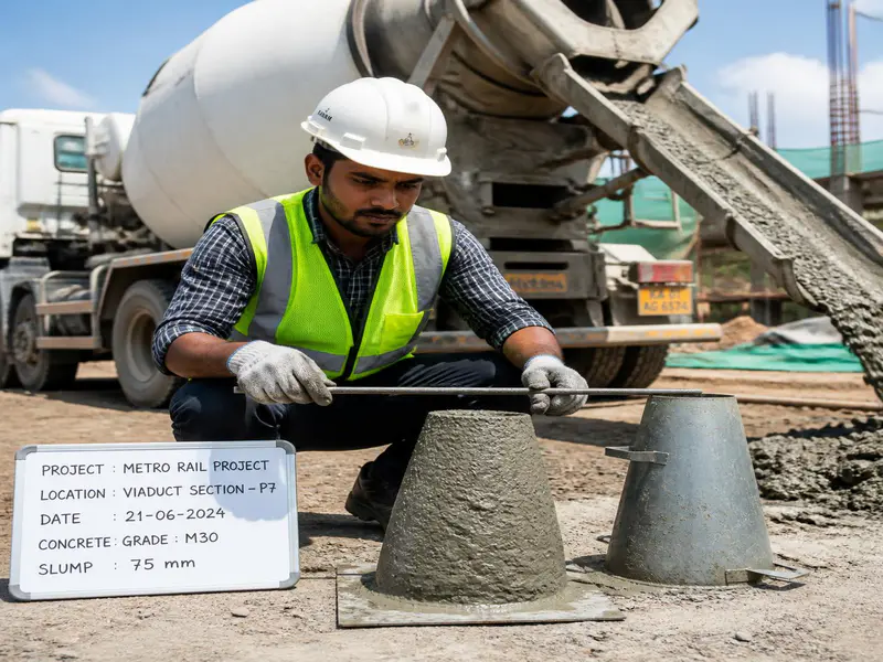 Site engineer performing concrete slump cone quality test