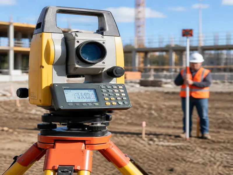 Site engineer using digital total station for setting out construction layout