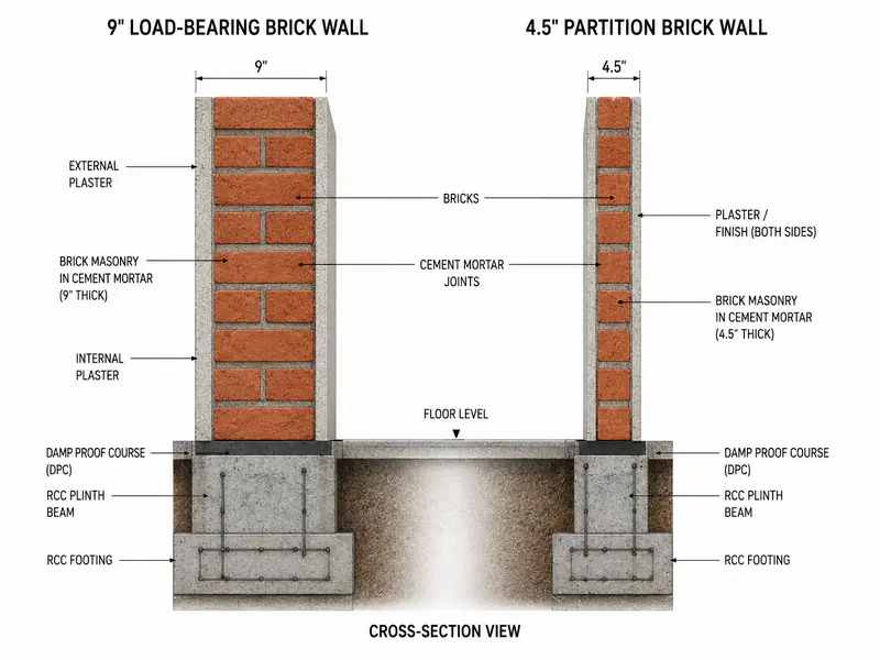 Standard brick wall thickness 9 inch and 4.5 inch dimensions