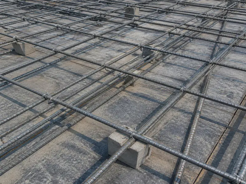 Steel reinforcement rebar mesh with concrete cover blocks for quality inspection