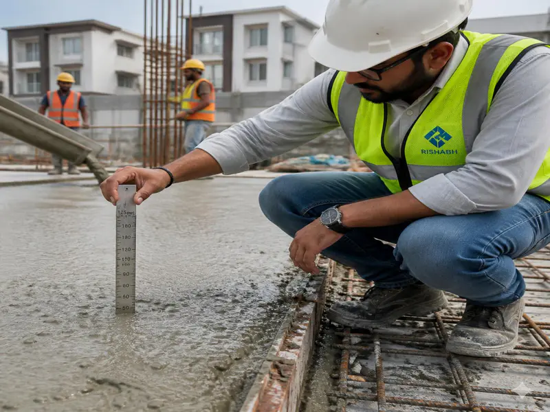 Checking concrete slab thickness on construction site
