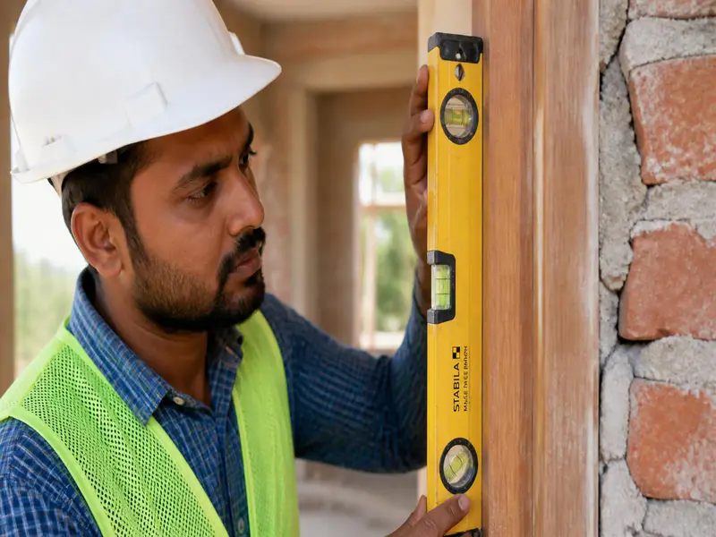 Checking door frame alignment with spirit level on site