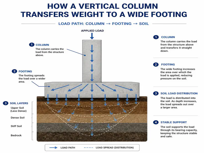 Column load distribution on concrete footing and soil diagram