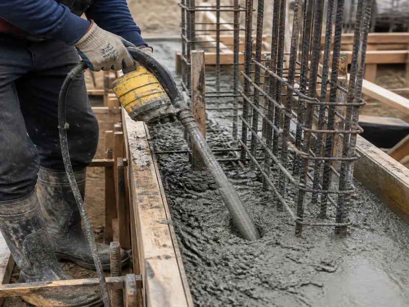 Concrete Compaction in Tie Beam Using Vibrator