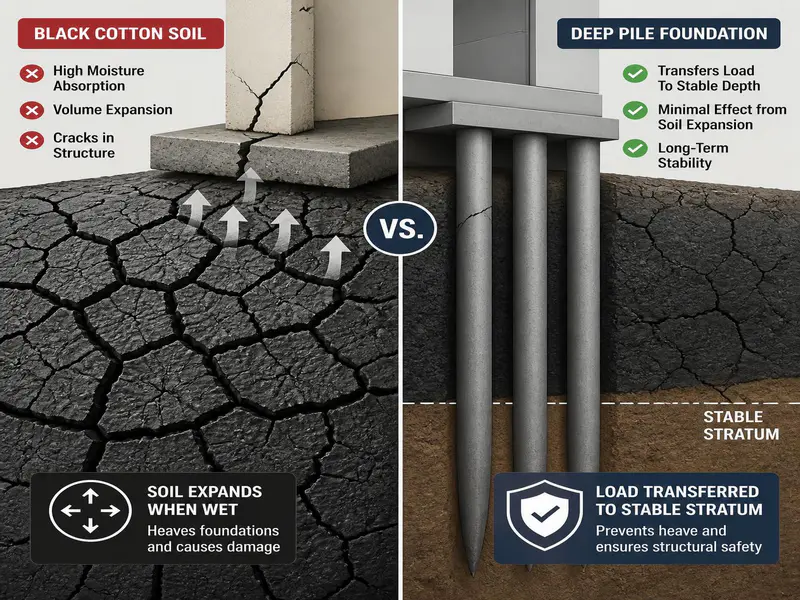 Deep foundation solution for residential buildings in expansive black cotton soil