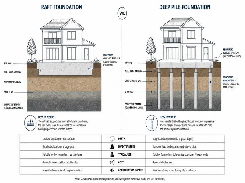 Raft foundation vs deep pile foundation for weak soil