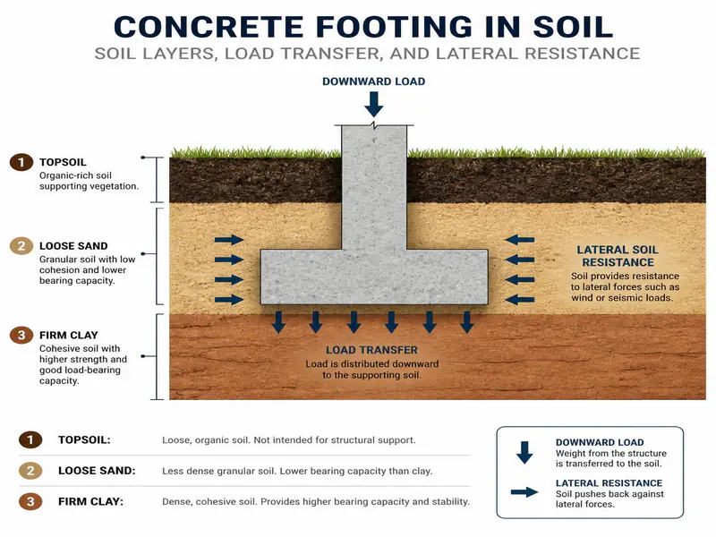 Soil layers and foundation footing depth diagram using Rankine formula