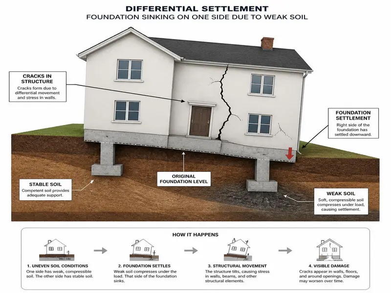 Soil shear failure and foundation settlement in house construction