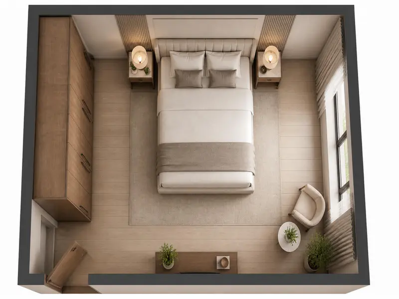 Standard residential bedroom layout clear space zones