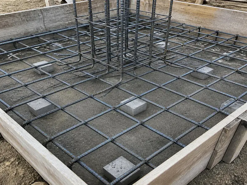 Steel reinforcement rebar mesh with concrete cover blocks in footing foundation
