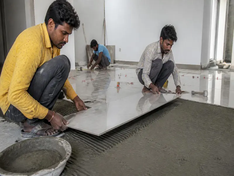 Vitrified floor tiles installation over cement mortar bedding