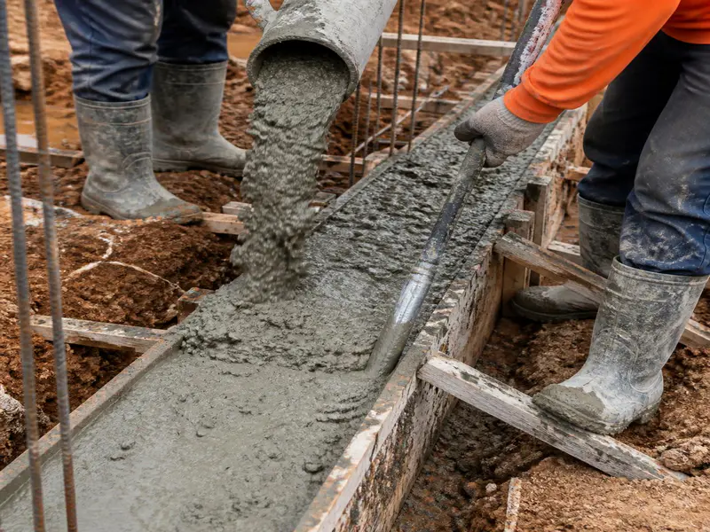 pouring wet concrete mix into plinth beam