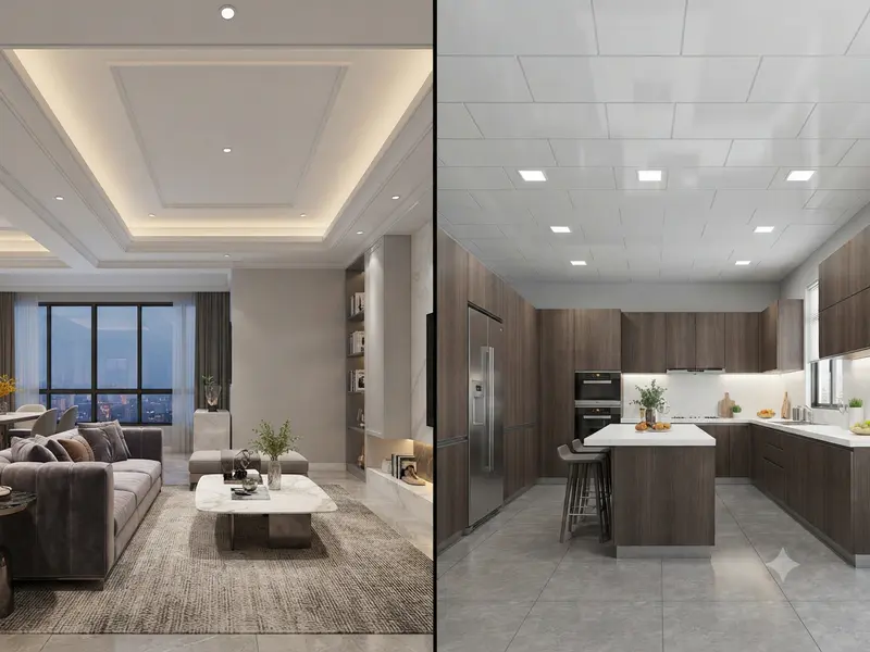 Comparison of gypsum and PVC false ceilings in different rooms