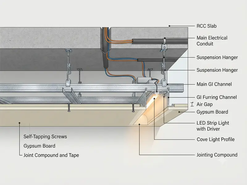 Cross-section of a gypsum false ceiling