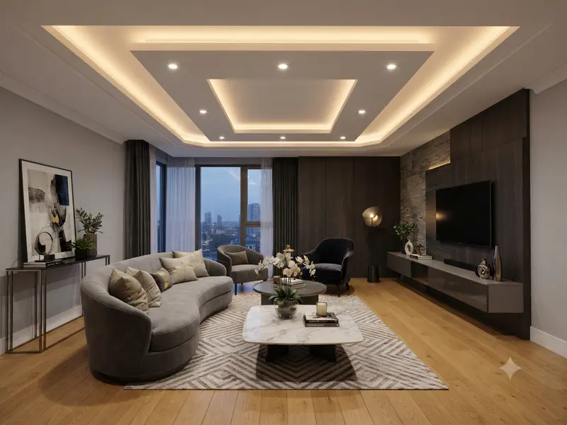 Modern gypsum false ceiling installed in a residential living room