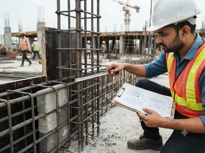 Engineer checking RCC column and beam reinforcement