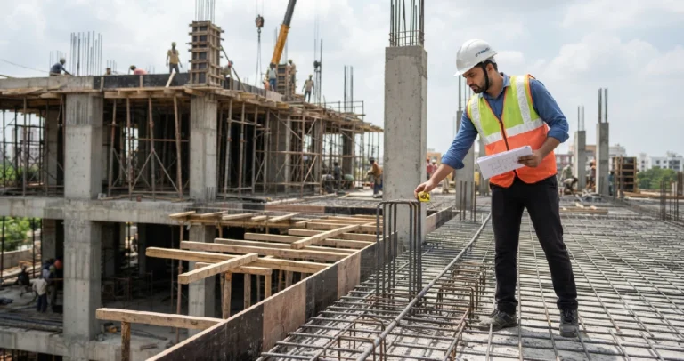 RCC site engineer inspecting slab reinforcement and formwork